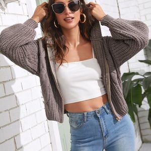SHEIN Zip Up Cable Knit Hooded Cardigan